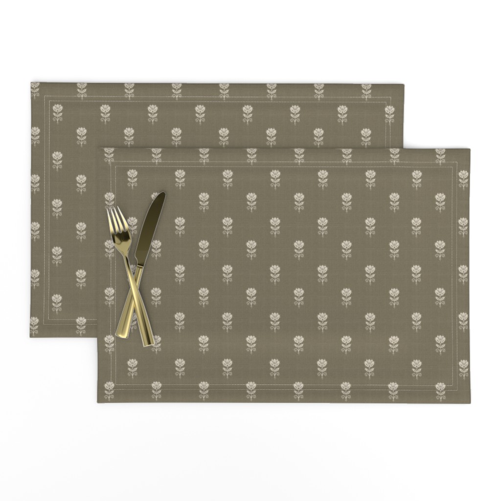 Rustic Block Print Tulip Folk Floral Medium Scale Linen Texture Warm Taupe — placemat