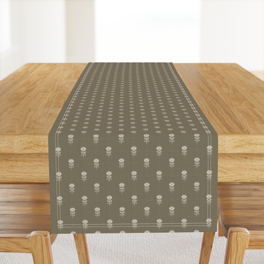 Rustic Block Print Tulip Folk Floral Medium Scale Linen Texture Warm Taupe — table-runner