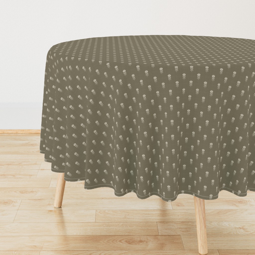 Rustic Block Print Tulip Folk Floral Medium Scale Linen Texture Warm Taupe — tablecloth