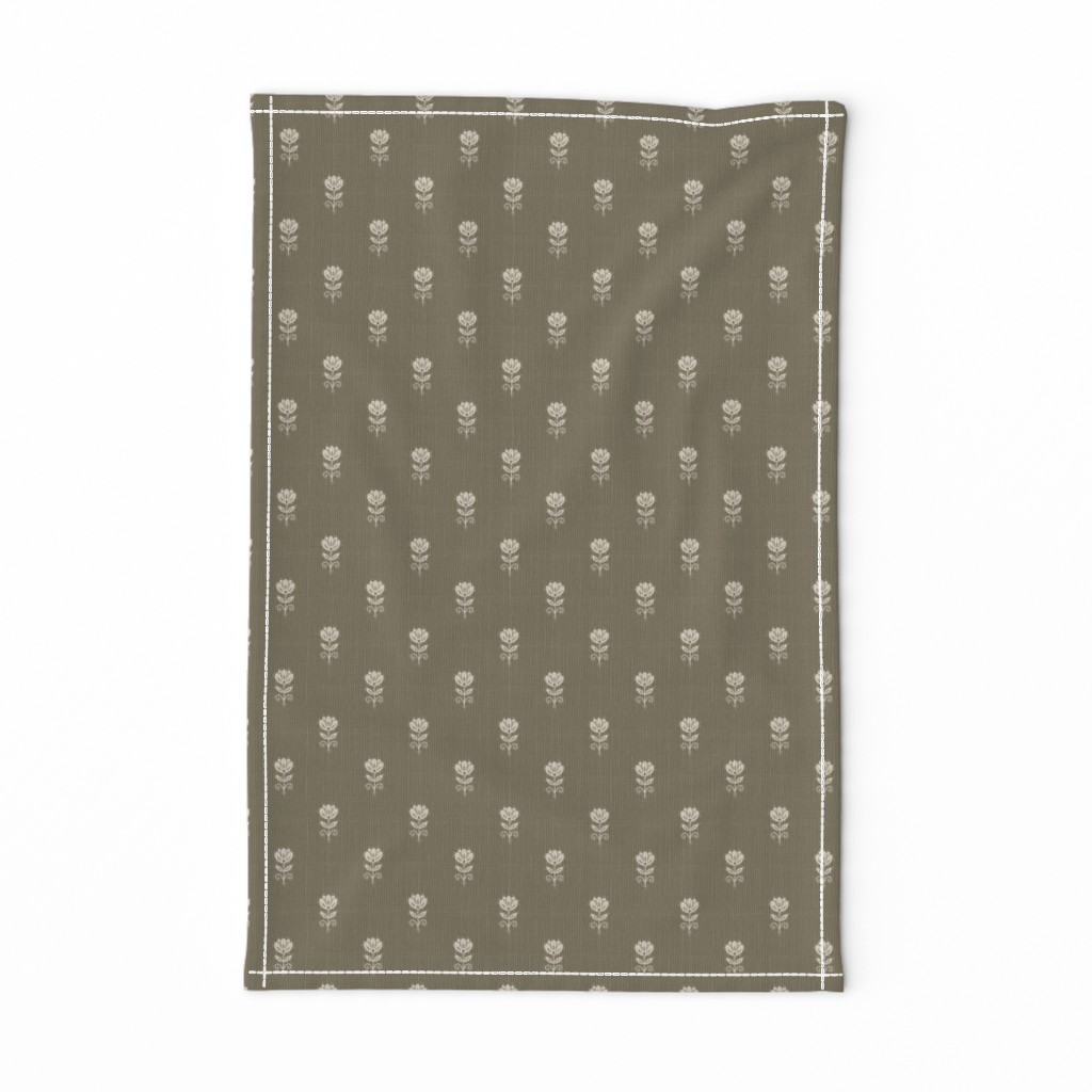 Rustic Block Print Tulip Folk Floral Medium Scale Linen Texture Warm Taupe — tea-towel
