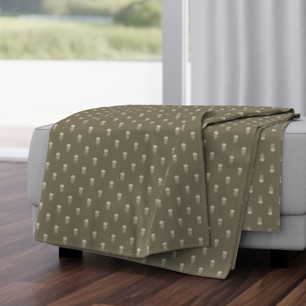 Rustic Block Print Tulip Folk Floral Medium Scale Linen Texture Warm Taupe — throw-blanket