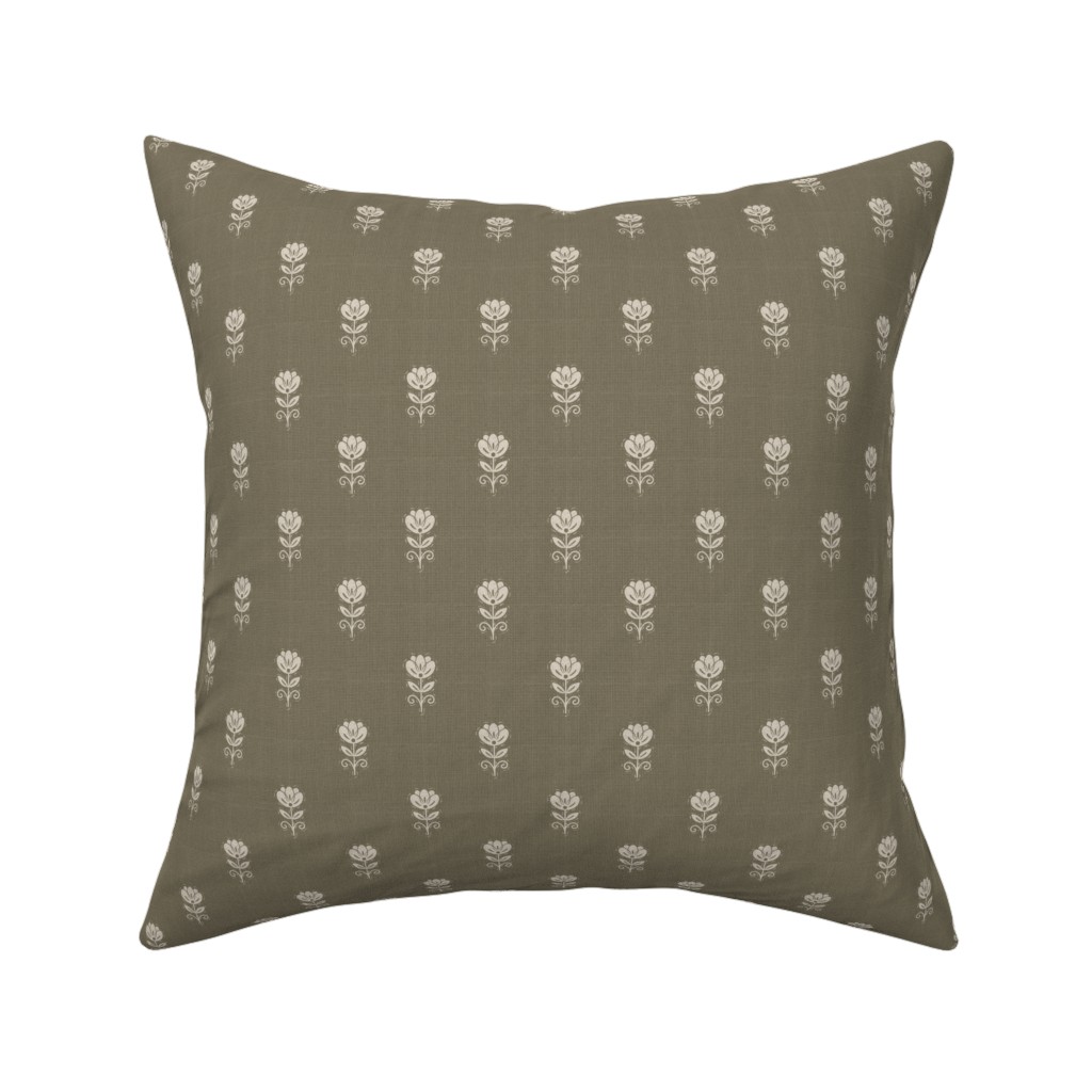 Rustic Block Print Tulip Folk Floral Medium Scale Linen Texture Warm Taupe — throw-pillow