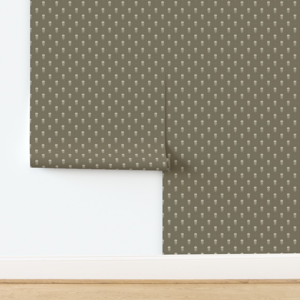 Rustic Block Print Tulip Folk Floral Medium Scale Linen Texture Warm Taupe — wallpaper