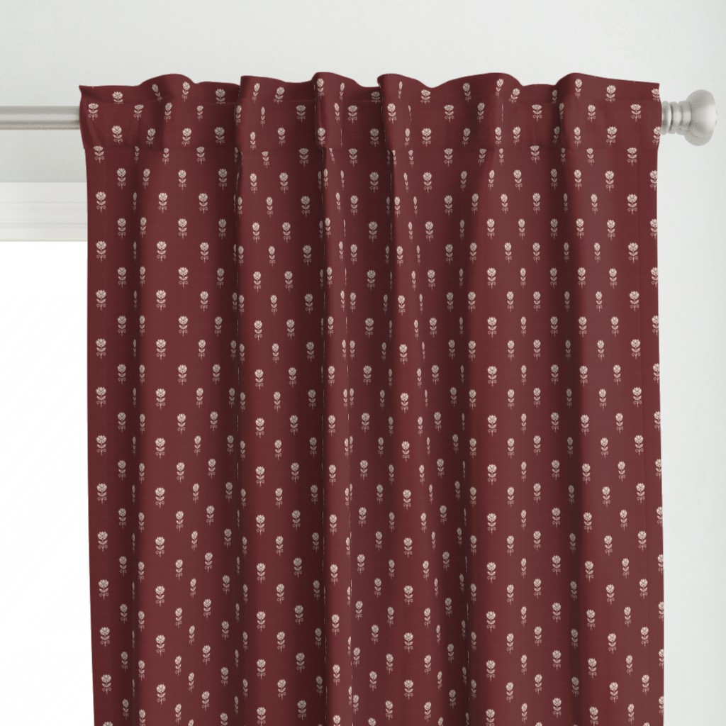 Rustic Block Print Tulip Folk Floral Medium Scale Linen Texture Garnet Red — curtains
