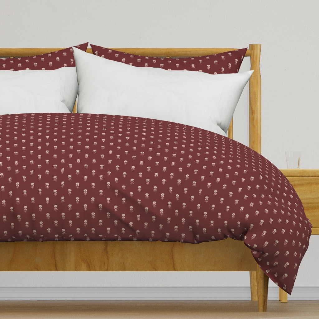Rustic Block Print Tulip Folk Floral Medium Scale Linen Texture Garnet Red — duvet-cover