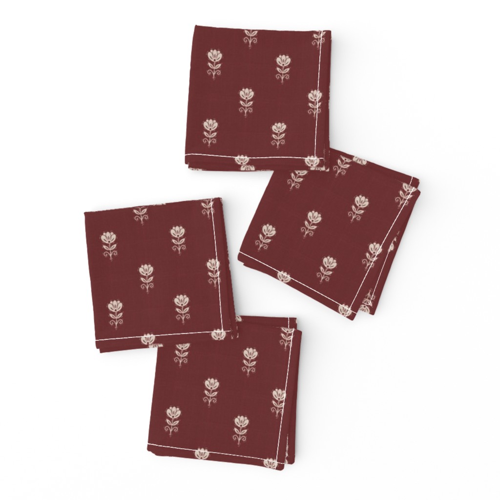 Rustic Block Print Tulip Folk Floral Medium Scale Linen Texture Garnet Red — napkin