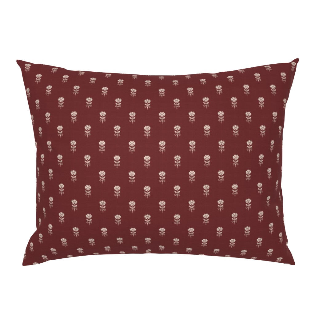 Rustic Block Print Tulip Folk Floral Medium Scale Linen Texture Garnet Red — pillow-sham