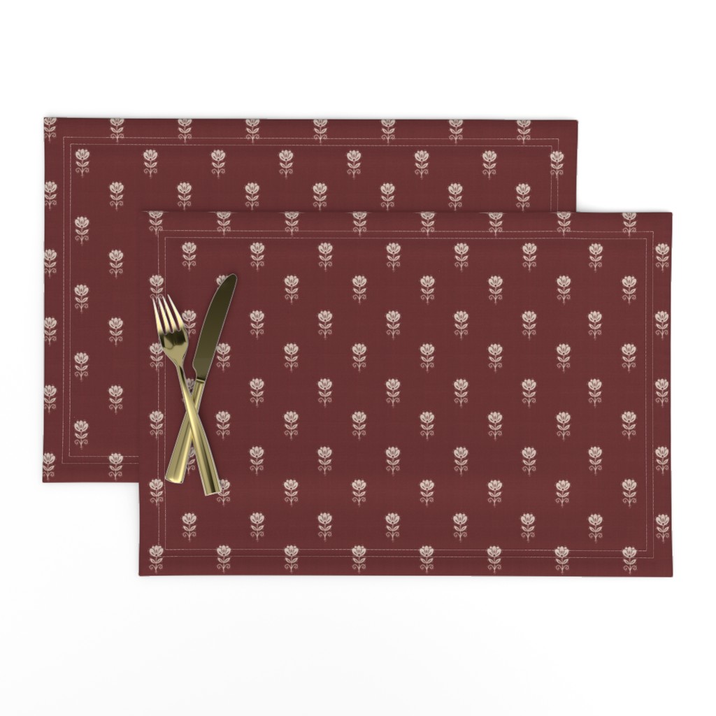 Rustic Block Print Tulip Folk Floral Medium Scale Linen Texture Garnet Red — placemat