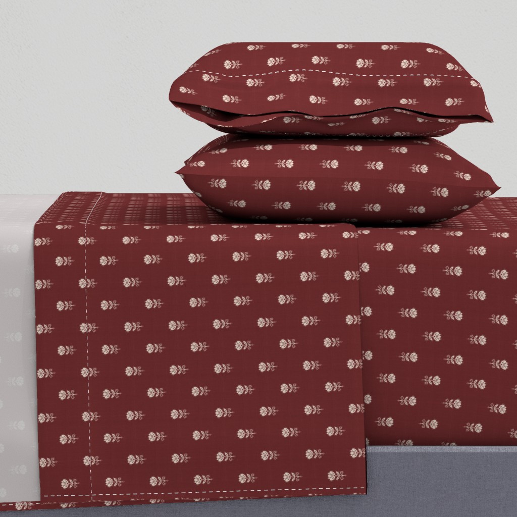 Rustic Block Print Tulip Folk Floral Medium Scale Linen Texture Garnet Red — sheet-set