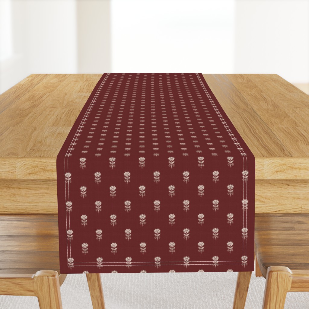 Rustic Block Print Tulip Folk Floral Medium Scale Linen Texture Garnet Red — table-runner