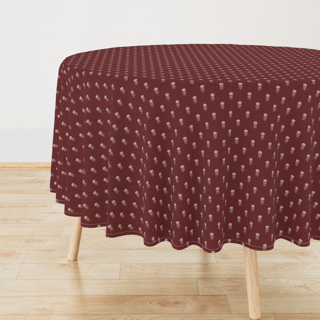 Rustic Block Print Tulip Folk Floral Medium Scale Linen Texture Garnet Red — tablecloth