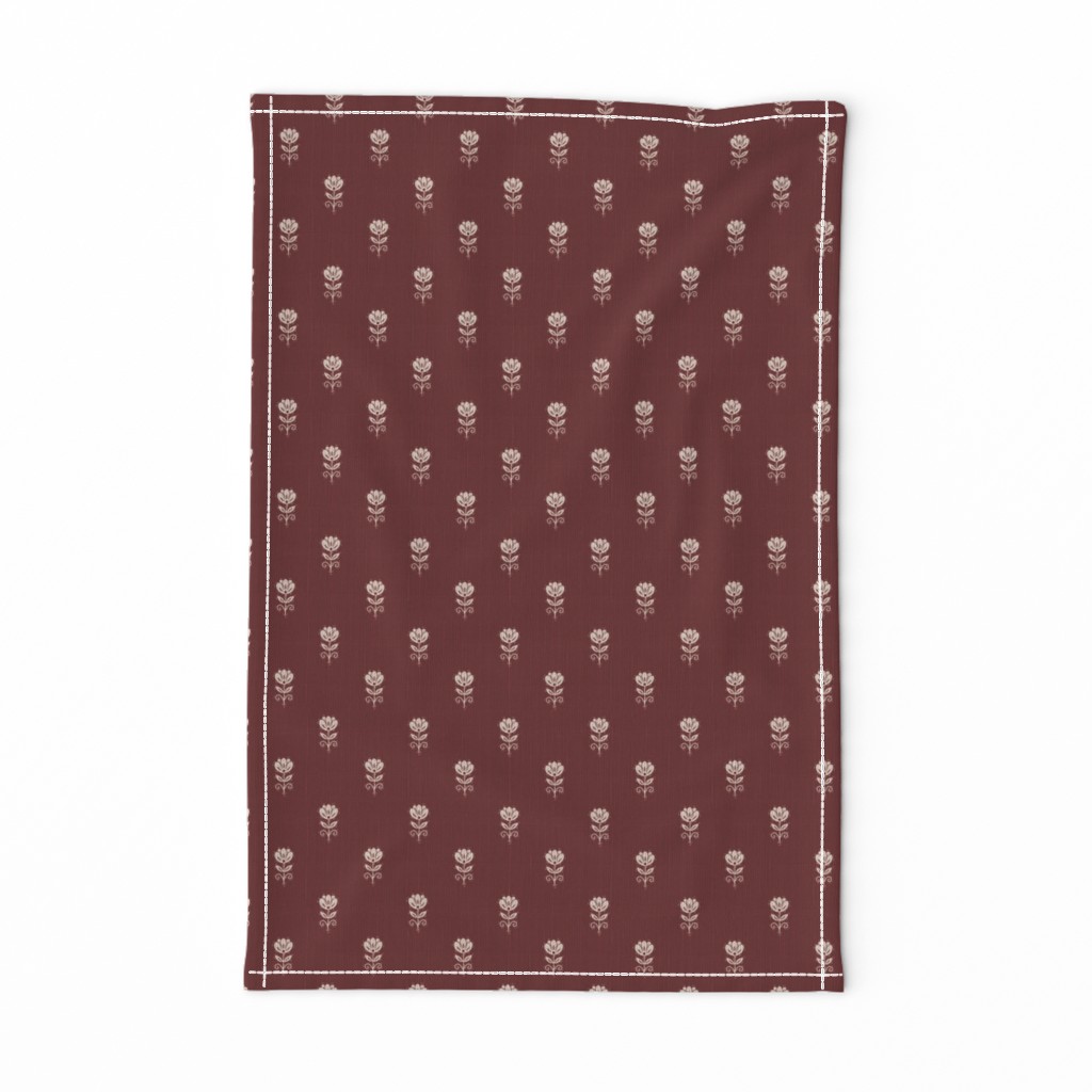 Rustic Block Print Tulip Folk Floral Medium Scale Linen Texture Garnet Red — tea-towel