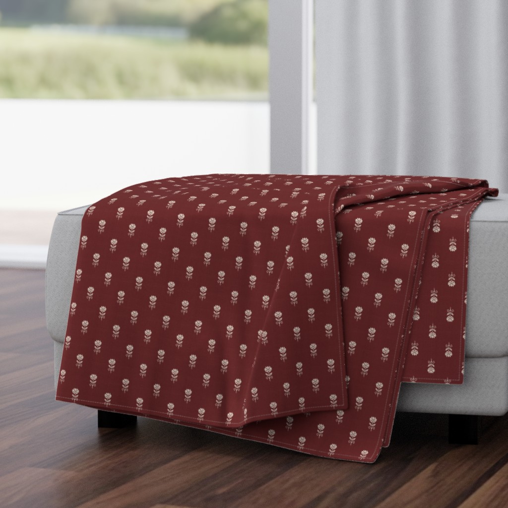 Rustic Block Print Tulip Folk Floral Medium Scale Linen Texture Garnet Red — throw-blanket