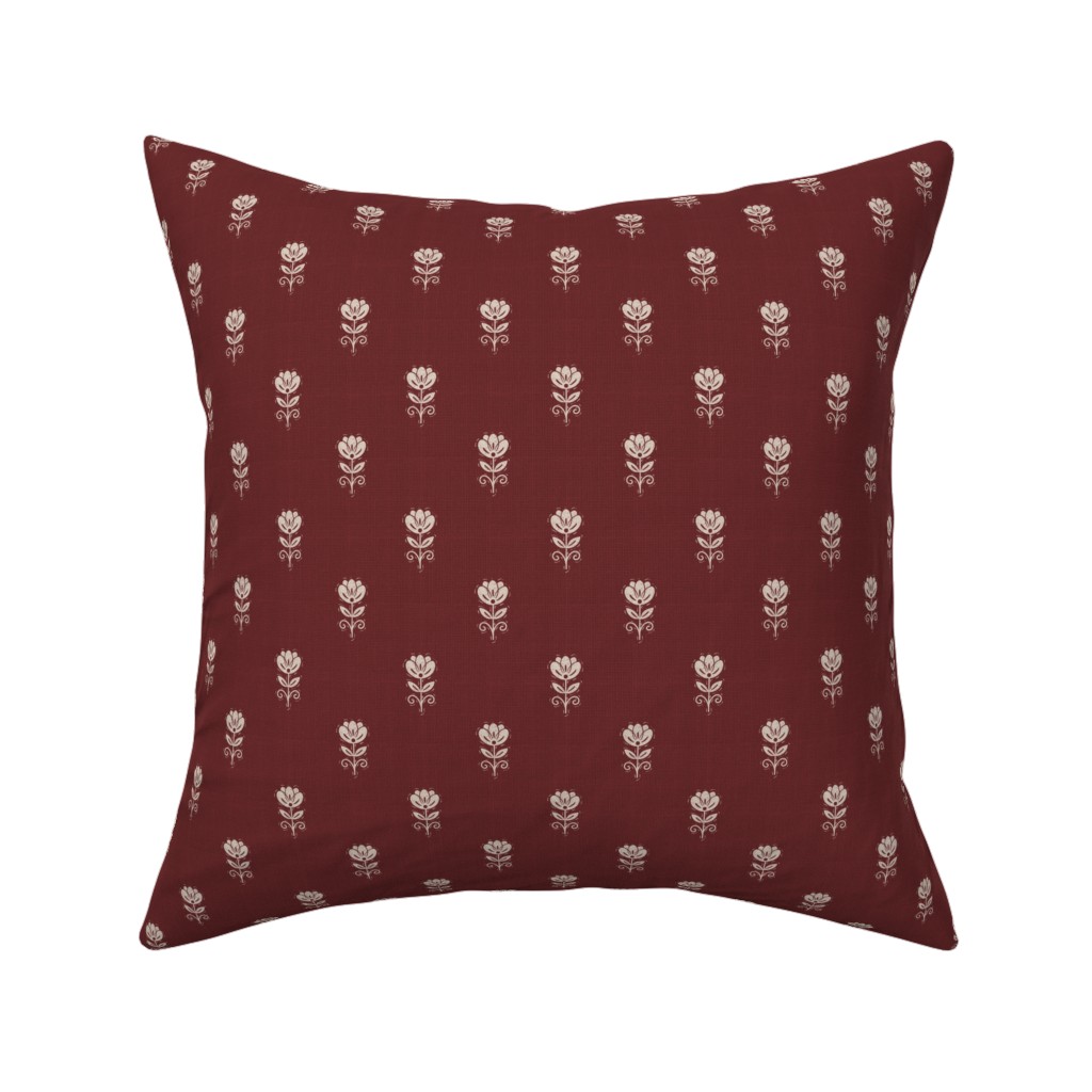 Rustic Block Print Tulip Folk Floral Medium Scale Linen Texture Garnet Red — throw-pillow
