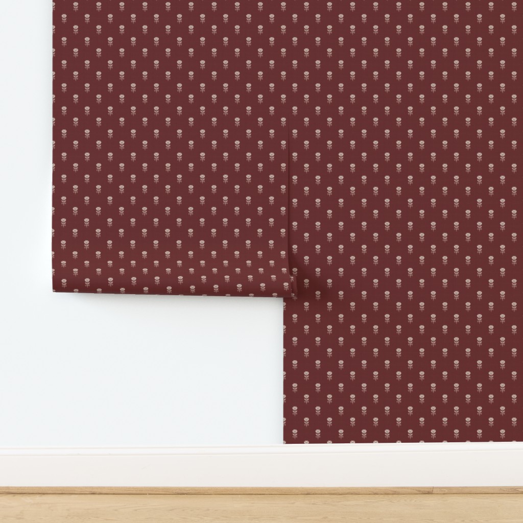 Rustic Block Print Tulip Folk Floral Medium Scale Linen Texture Garnet Red — wallpaper