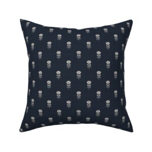 Rustic Block Print Tulip Folk Floral Medium Scale Linen Texture Navy Blue